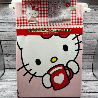 Cortina de ducha de Navidad Hello Kitty 72x72 algodón vacaciones bastón de caramelo arcos Foto 1 de 4