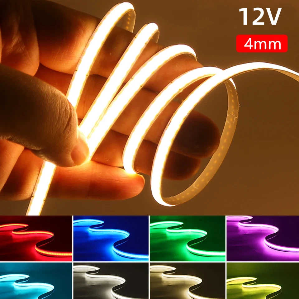 Tira LED COB delgada 4 mm DC 12V flexible cinta de luces LED para automóvil hágalo usted mismo hogar habitación bar Foto 1 de 4