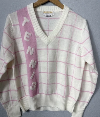 Vintage 80s Quantum Women's Large Pink White Tennis Sweater V-Neck Tennis Prep - Image 1 of 4