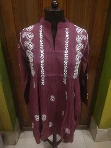 EXCELLENT S 39" ETHNIC HANDMADE 100% COTTON TOP KURTA KURTI CHIKAN EMBROIDERY - Picture 1 of 7