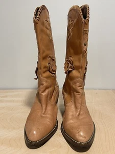 Mia Candida Boho Floral Daisy Leather Tan Brown Western Cowboy Boots Wm Sz 6.5M - Picture 1 of 12