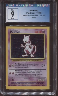 MEWTWO #10 HOLO CORTE CUADRADO ERROR CORTE MAL CORTADO CGC 9 1999 JUEGO BASE POKEMON Foto 1 de 2