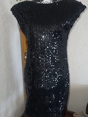 Vtg  Black Sequin Cocktail Club Party Dress Little Black Dress Small Black Tie - Image 1 of 4