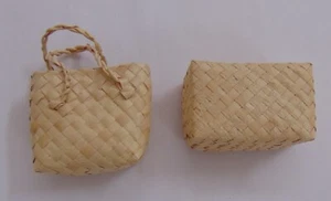 Vintage 1980's Hawaiian Woven Lauhala Box & Mini Basket 2 Items New - Picture 1 of 4