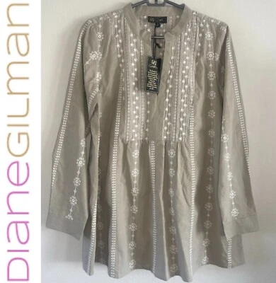 NUEVO CON ETIQUETAS DG2 Diane Gilman Túnica Campesina Bordada Top Caqui Tostado Talla Pequeña Foto 1 de 4