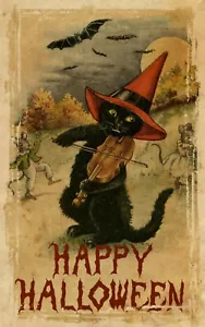Vintage Halloween Poster, gummelndes Katzenposter, Halloween Katze, Poster Halloween - Bild 1 von 7