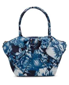 Betsey Johnson Denim Bownanza Denim Blue Floral Print Top Handle Tote Crossbody - Picture 1 of 6