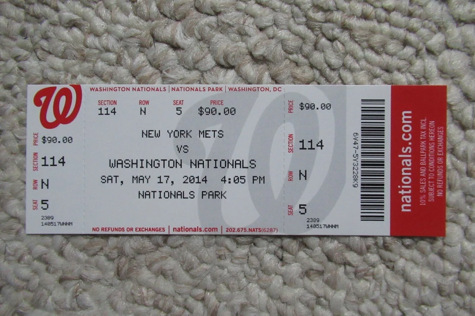WASHINGTON NATIONALS VS METS 5/17/2014 FULL TICKET ~ LAGARES/DESMOND HRs - Image 1 of 1