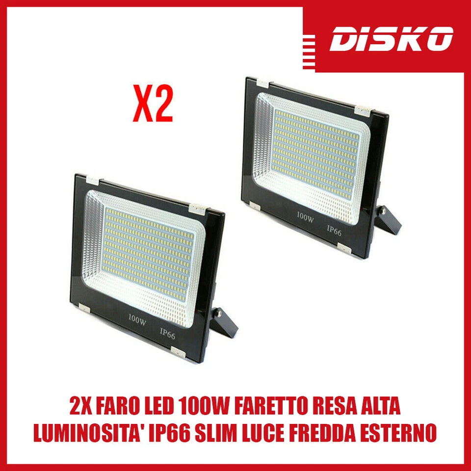 2X FARO LED 100W FARETTO RESA ALTA LUMINOSITA' IP66 SLIM LUCE FREDDA ESTERNO ECO - Immagine 1 di 1