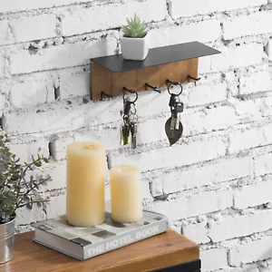 Wall-Mounted Burnt Solid Wood & Black Metal Entryway Shelf Rack w/ 5 Key Hooks - Picture 1 of 5