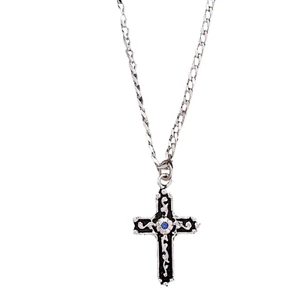 M&F Western® Men's Inlay Silver Blue Stone Cross Necklace DN130 - Picture 1 of 1