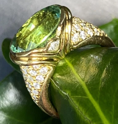 ENORME anel vintage de ouro amarelo 18K com diamante turmalina verde 5,25 incomum 2 lados - Imagem 1 de 4