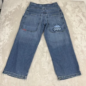 VTG JNCO Jeans Mens 34x30 Tribals Blue Crown Baggy Y2K Thrashed Skate Grunge - Picture 1 of 17