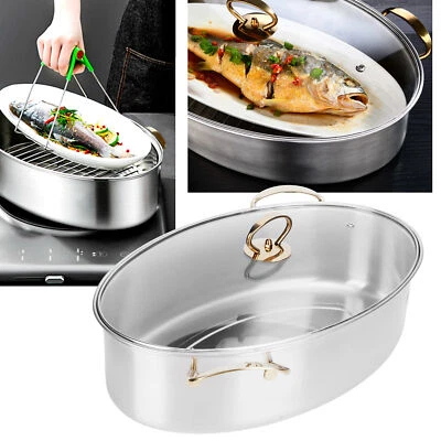 Large Capacity 304 Stainless Steel Oval Fish Steaming Pot Set Home Cooking AU - Image 1 of 4
