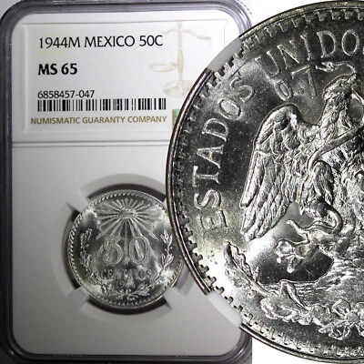 México ESTADOS UNIDOS Plata 1944 M 50 Centavos NGC MS65 GEMA BU KM# 447 (047) Foto 1 de 4