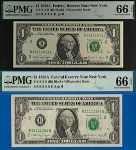 Coincidencia - 1988A $1 FRN PMG 66EPQ casi sólido número de serie 11111141 y 11111411 - Imagen 1 de 5