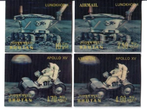 Bután 1970 4 estampillas conquista del espacio serie Lunokhod 1 Apolo 15 (2 correo aéreo S) - Imagen 1 de 2