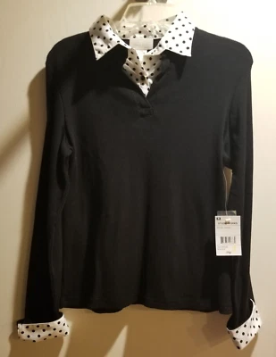 NWT STUDIO WORKS WHITE BLACK POLKA DOT WOVEN KNIT BUTTON SHIRT SWEATER TOP SZ PM - Image 1 of 4