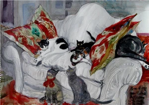 Theadora Van Runkle - Fine Art Greeting Card - KITTIES ON A COUCH - Picture 1 of 1
