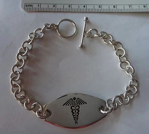 Brazalete de alerta médica grabable de plata esterlina 18 gramos 7 mm eslabón rollo - Imagen 1 de 5