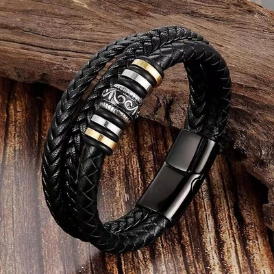 Men's Multilayer Braided Leather Stainless Steel Magnetic Bracelet Bangle Cuff - Image 1 of 4