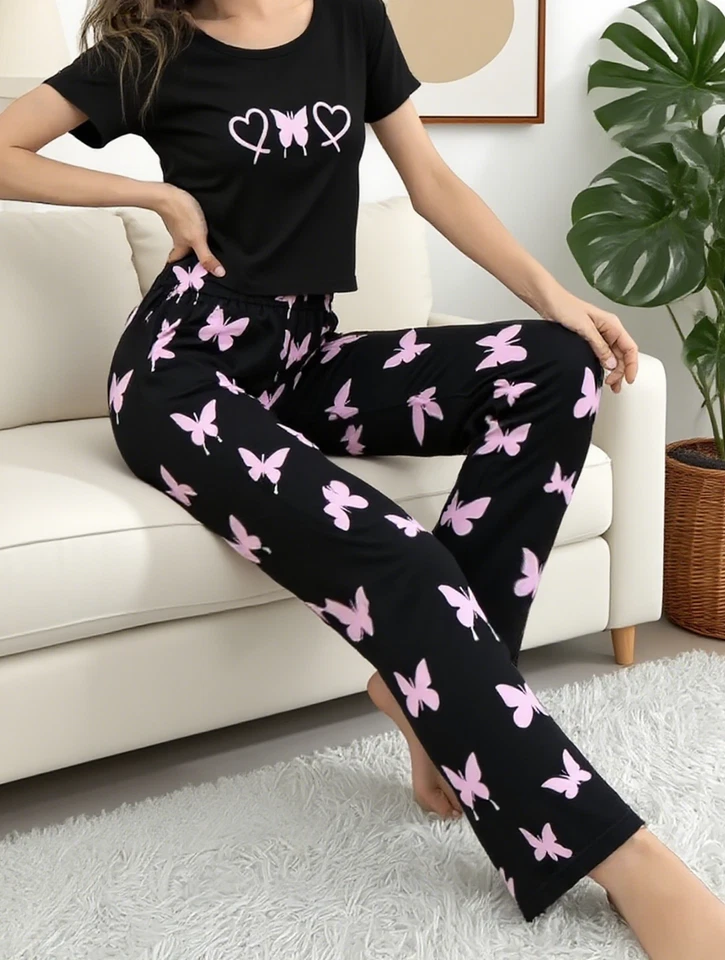 BIGDOODOO Ladies Satin Pyjama Set Silky Satin Sleepwear Home Casual PJS SIZES S-XXL