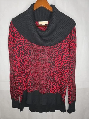NUEVO CON ETIQUETAS MICHAEL Michael Kors Suéter Rojo Negro Leopardo Capucha Cuello Pullover Grande Foto 1 de 4