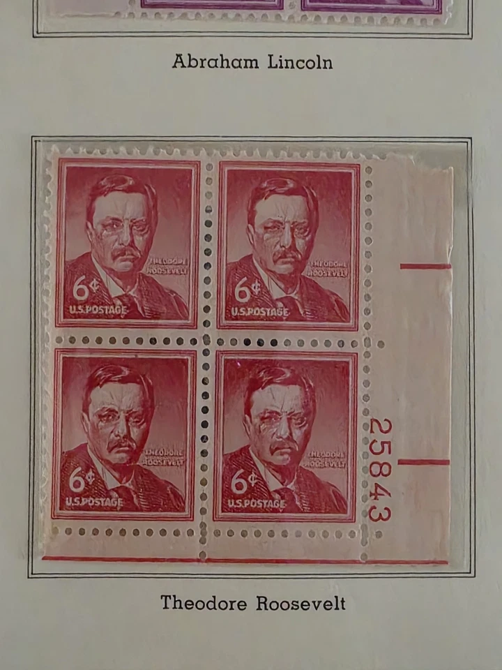 US 1039 6c Theodore (Teddy) Roosevelt unused plate block 1955 Liberty Issue -#J9 - Image 1 of 1
