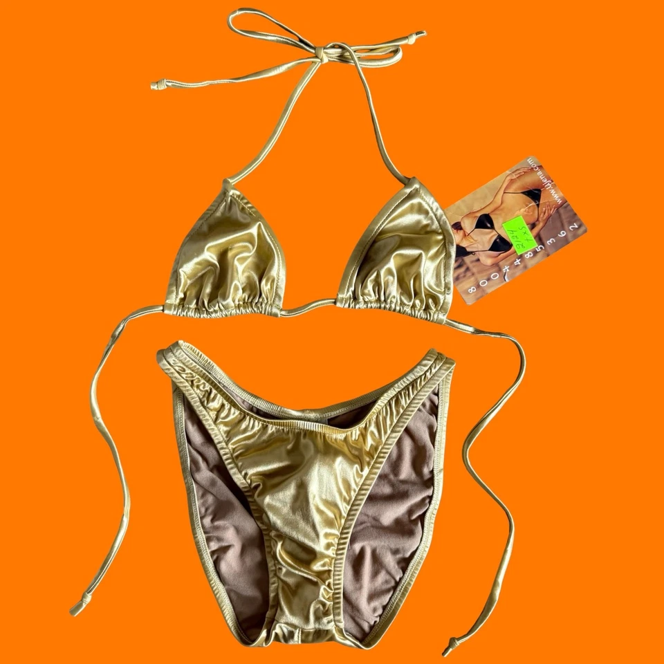 Bikini vintage años 90 dorado satinado sedoso corte alto pierna alta XS *sin existencias* Foto 1 de 4
