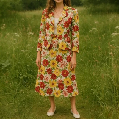 Vtg Kay Unger New York Silk Linen Floral Skirt Blazer Set Womens Sz S Cottage - Image 1 of 4