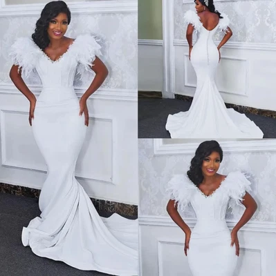 Preciosos Vestidos de Boda de Satén de Pluma Sexy Africano Nigeriano Cuentas Foto 1 de 4