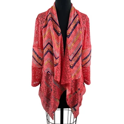 Alberto Makali Pink Multi Chevron Open Crochet Knit Cardigan Draped Relaxed M Foto 1 de 4