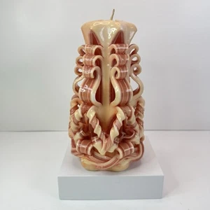 Vtg Hand Carved Ribbon Wax Pillar Artisan Candle Coral Red 70s Boho Retro - Picture 1 of 7