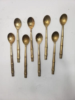 Lote de 8 colheres de chá geladas vintage 7 1/2" tailandesa ouro bronze talheres de bambu - Imagem 1 de 4