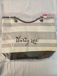 Thirty One 31 Canvas Crew Mini Brown Tote Purse Taupe Straw Stripe NWT - Bild 1 von 2