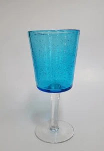 Hand Blown Blue Teal Glass Wine Goblet Bubble Glass Two Toned - Picture 1 of 4