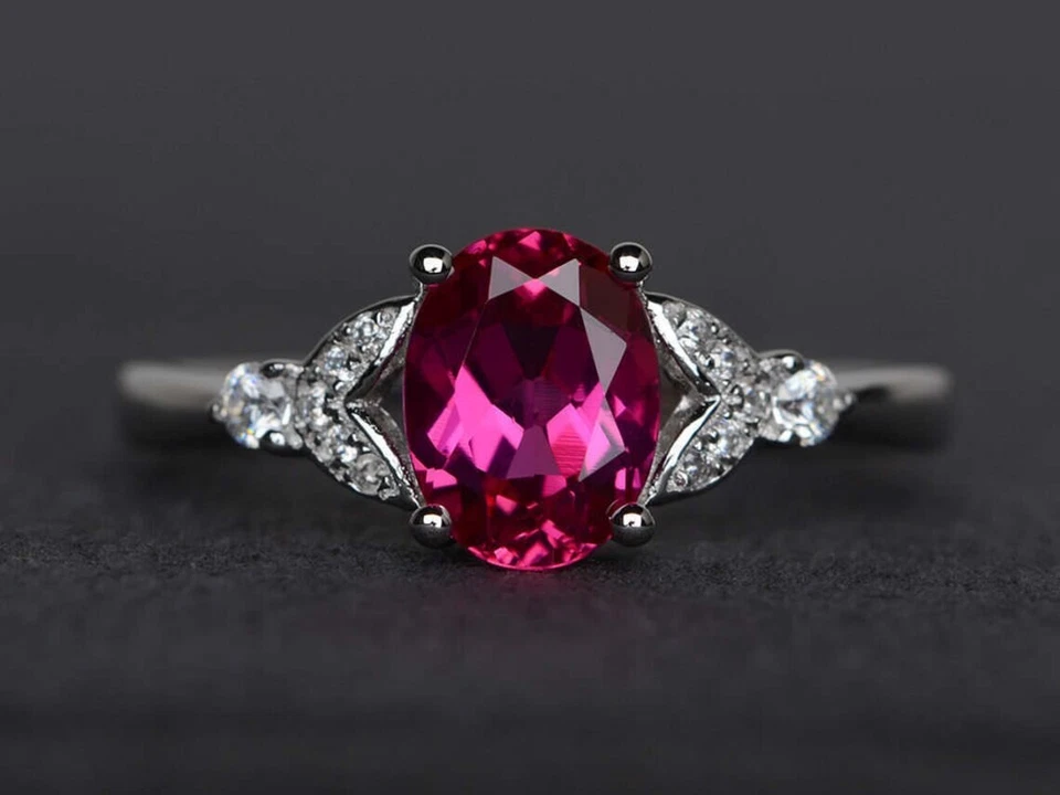 Pink Ruby Women Ring Oval Lab Created Gemstone 925 Sterling Silver Dainty Ring - Image 1 of 4