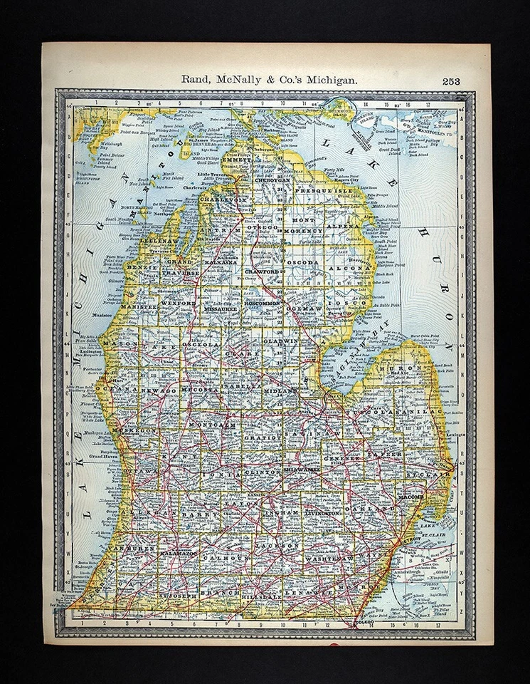 Mapa ferroviario Rand McNally 1881 Michigan Detroit Lansing Ann Arbor Kalamazoo MI Foto 1 de 4