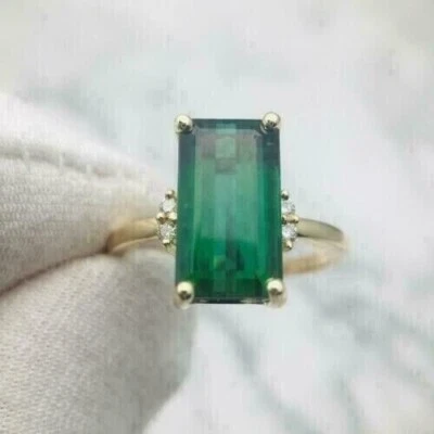 3Ct Emerald Cut Lab-Created Green Emerald Engagement Ring 14K Yellow Gold Plated - Image 1 of 4