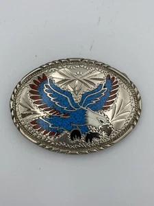 VTG Handcrafted Silver Tone Red Blue White Eagle Belt Buckle Handcrafted USA - Picture 1 of 4