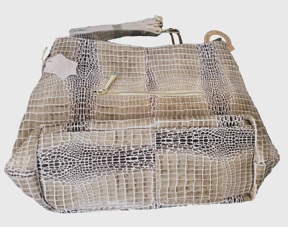 NUEVO Bolso Hobo Para Mujer Grande Cuero Genuino Estampado Serpiente Beige Correa para el Hombro Foto 1 de 4