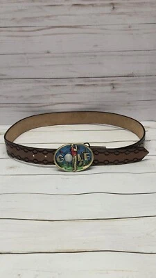 Cinturón de piel de vaca Great American Buckle Co 1983 con hebilla de cinturón de latón de golf de colección  Foto 1 de 4