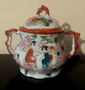 Antique Japanese Geisha Scene Lidded Pot Double Handle Sugar Bowl - Picture 1 of 4