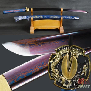 Red&Blue Damascus Folded Steel Japanese Samurai Katana Battle Ready Sharp Sword - Picture 1 of 12
