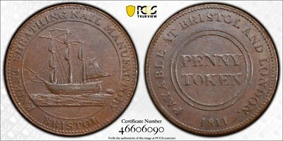 1811 D-92 Somerset Bristol Sailing Ship Penny Conder Token PCGS XF45        2799 - Image 1 of 4