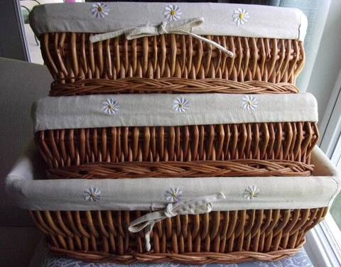 Lot of 3 Hand Woven Wicker Rectangular Baskets w/ Daisy Embroidered Liners Cover