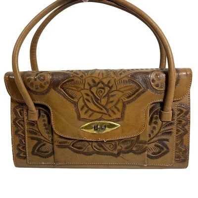 VTG Hand Tooled Embossed Leather Organizer Handbag Floral -Brass Turn Lock -70s - Image 1 of 4