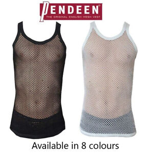 Original Pendeen Mens Premium 100% Cotton Mesh Fishnet String Vest Top V Neck 