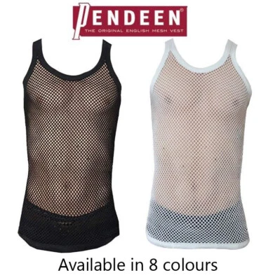 Original Pendeen Mens Premium 100% Cotton Mesh Fishnet String Vest Top V Neck  - Image 1 of 2