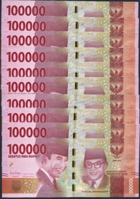 10 x Indonesia 100000 RUPIAH P-160 2016-2021 X 10 Pcs Lot Bundle UV Pas UNC NOTE - Image 1 of 4
